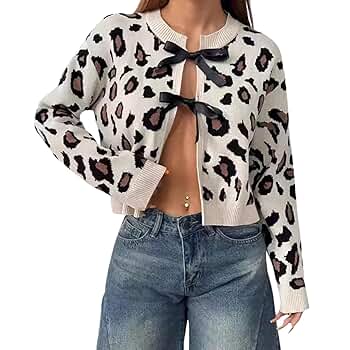 TYATVS Leopard Print Cardigans Tie Front Cardigan Bow